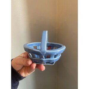 Vintage Blue Ceramic Miniature Basket With Handle Decorative Home Accent